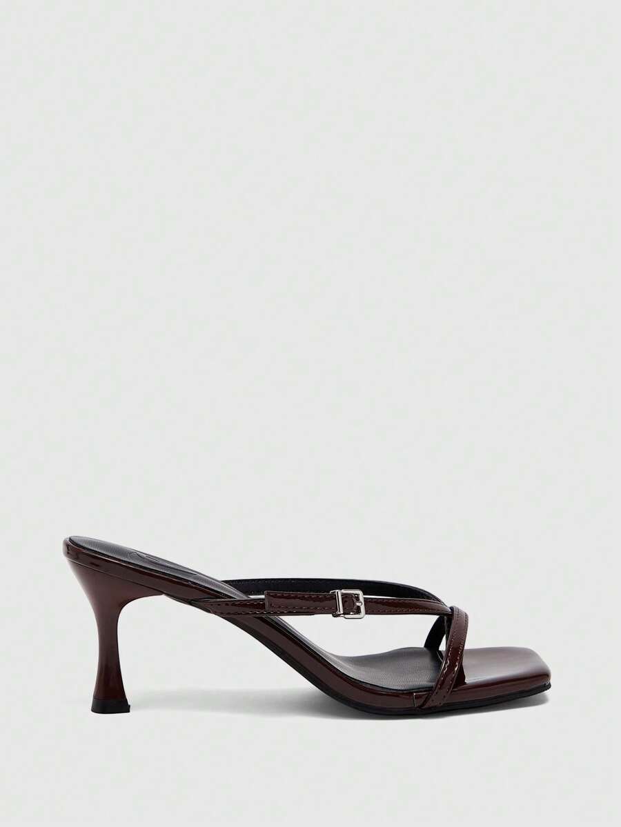 Burgundy square toe kitten heel flip-flops sandals with buckle slingback strap for women