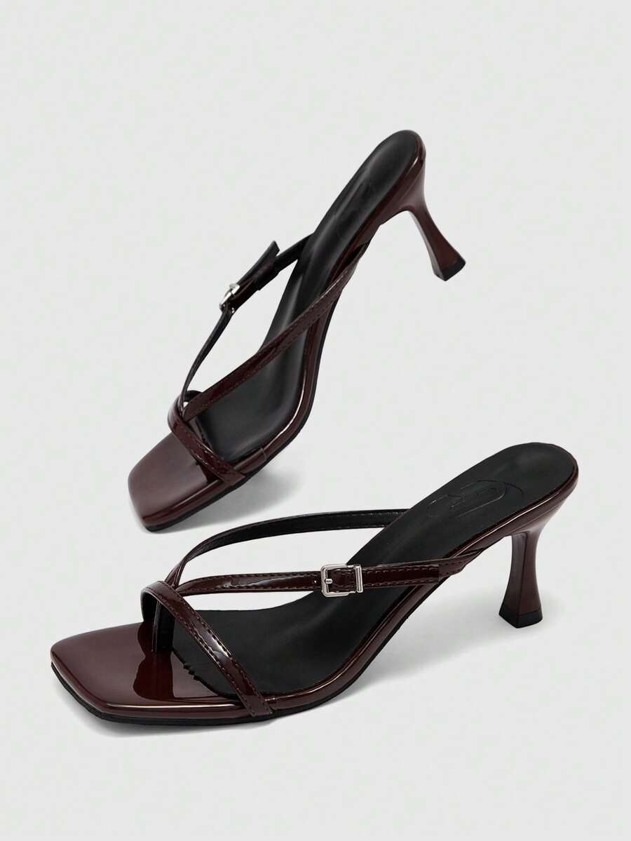 Burgundy square toe kitten heel flip-flops sandals with buckle slingback strap for women
