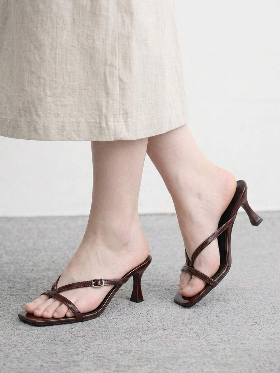 Burgundy square toe kitten heel flip-flops sandals with buckle slingback strap for women
