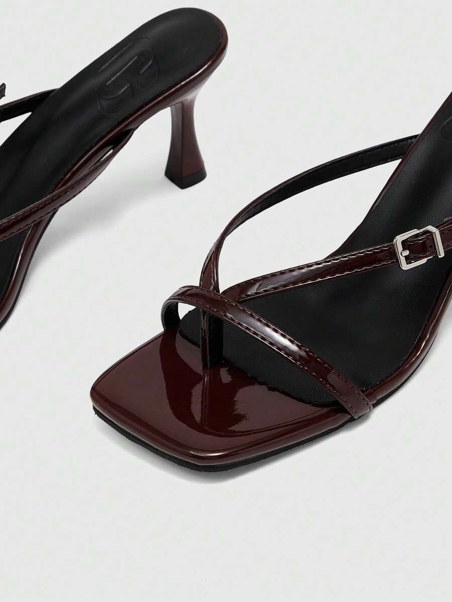 Burgundy square toe kitten heel flip-flops sandals with buckle slingback strap for women