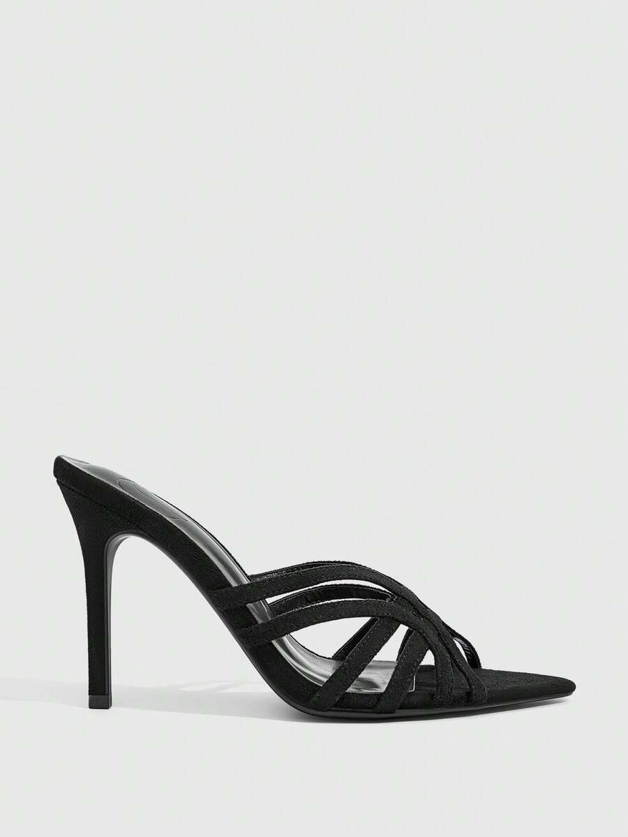 Women's brown flannel pointed open-toe heeled sandals featuring a slip-on mule design with high stiletto heels.