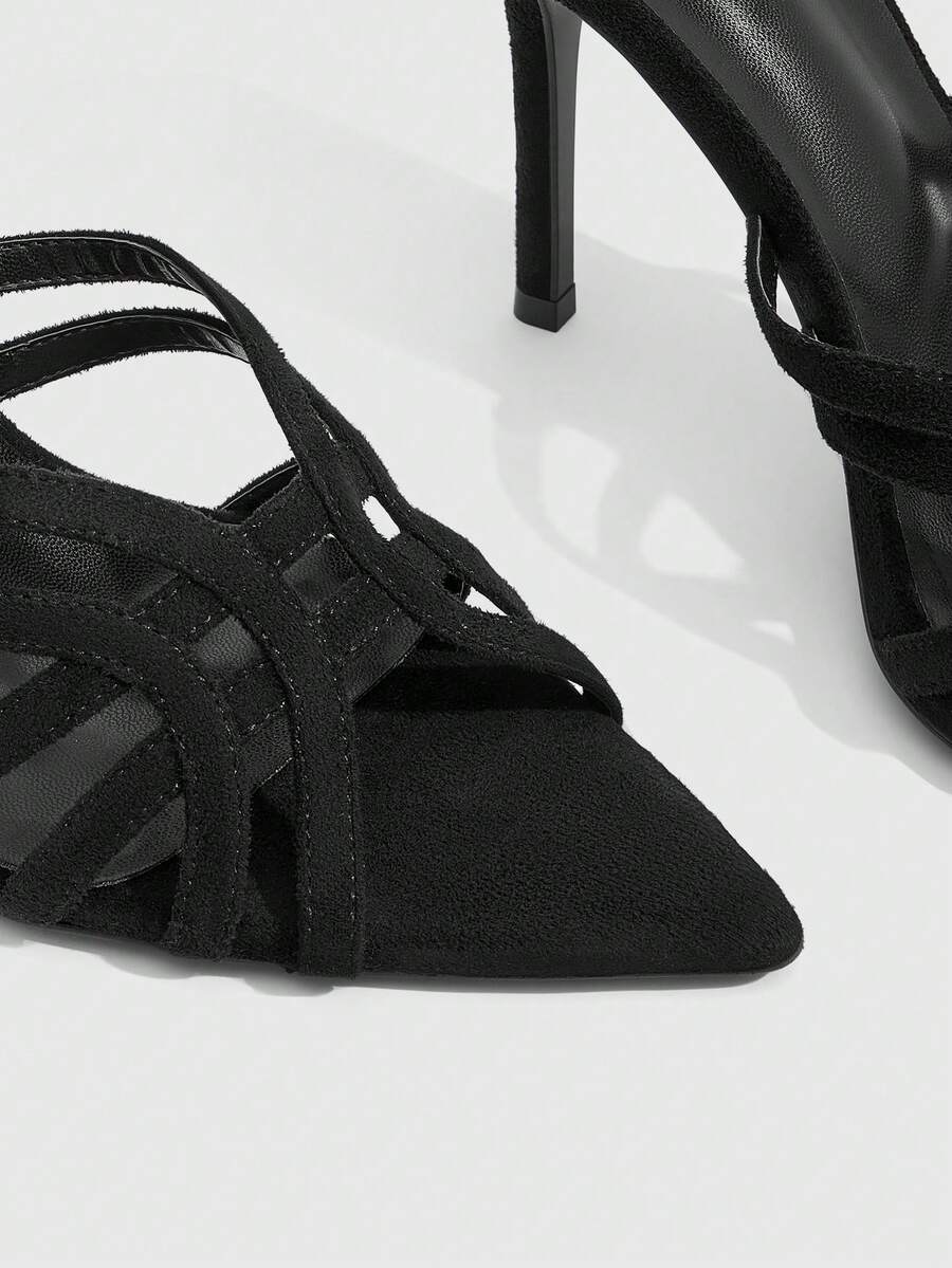 Women's brown flannel pointed open-toe heeled sandals featuring a slip-on mule design with high stiletto heels.