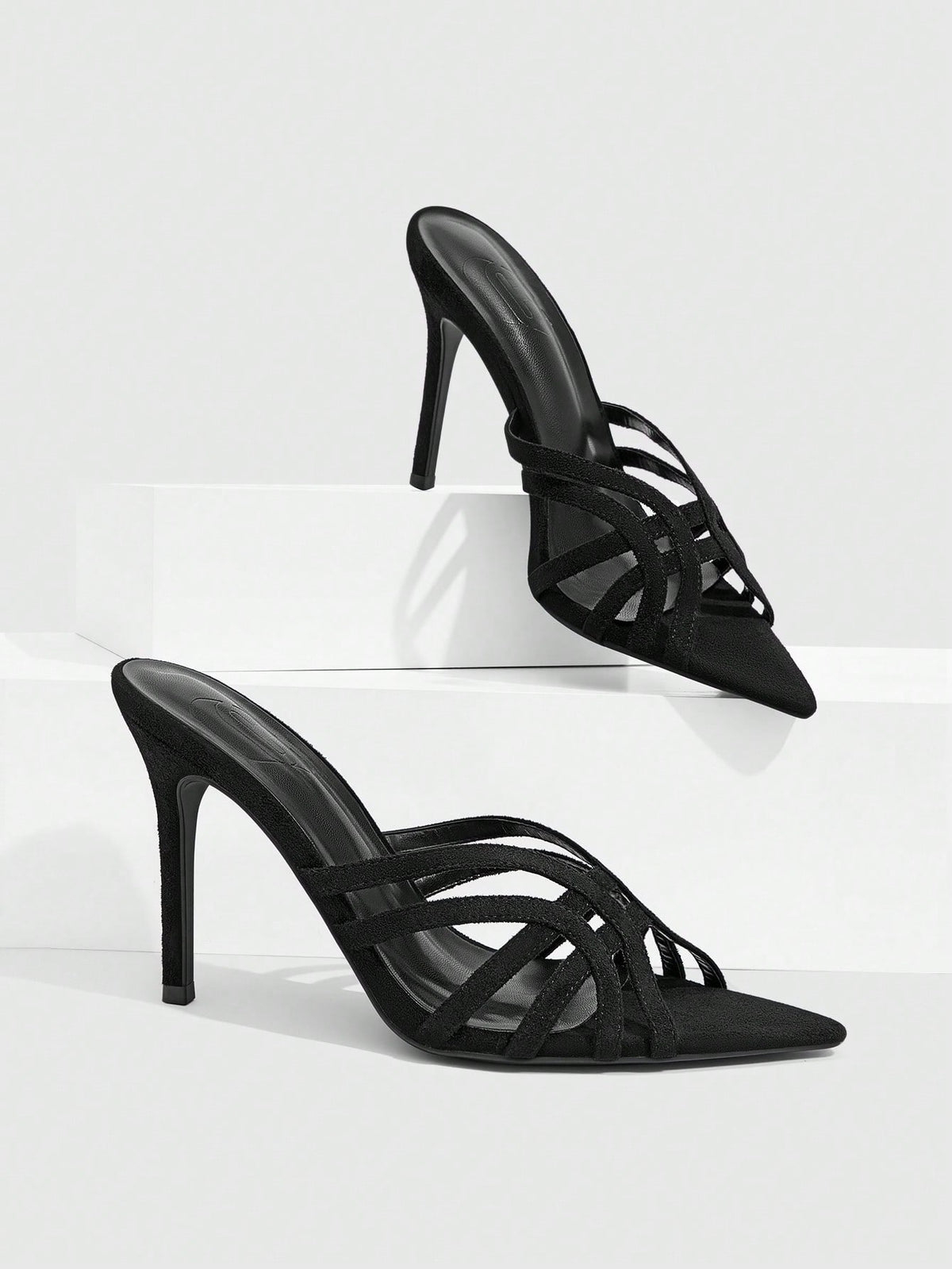 Women's brown flannel pointed open-toe heeled sandals featuring a slip-on mule design with high stiletto heels.