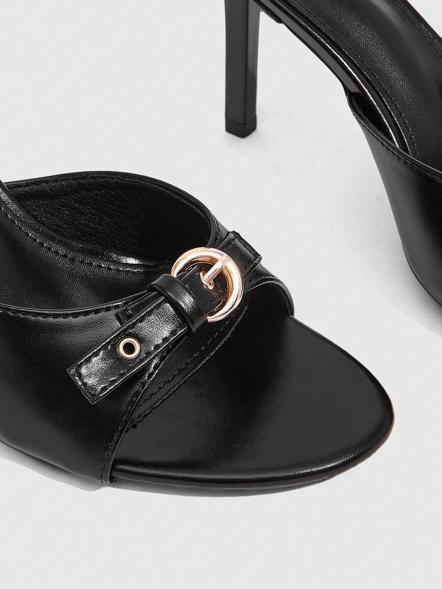 Elegant burgundy high heel slingback sandals with an open toe and round buckle strap.