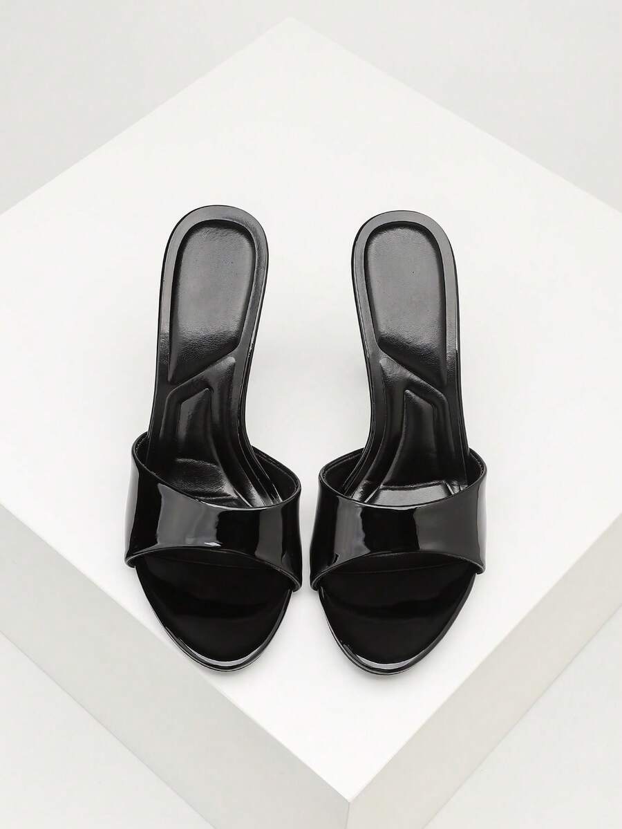 Women's open toe high heel sandals with slingback strap and sleek stiletto heel in smooth PU leather.