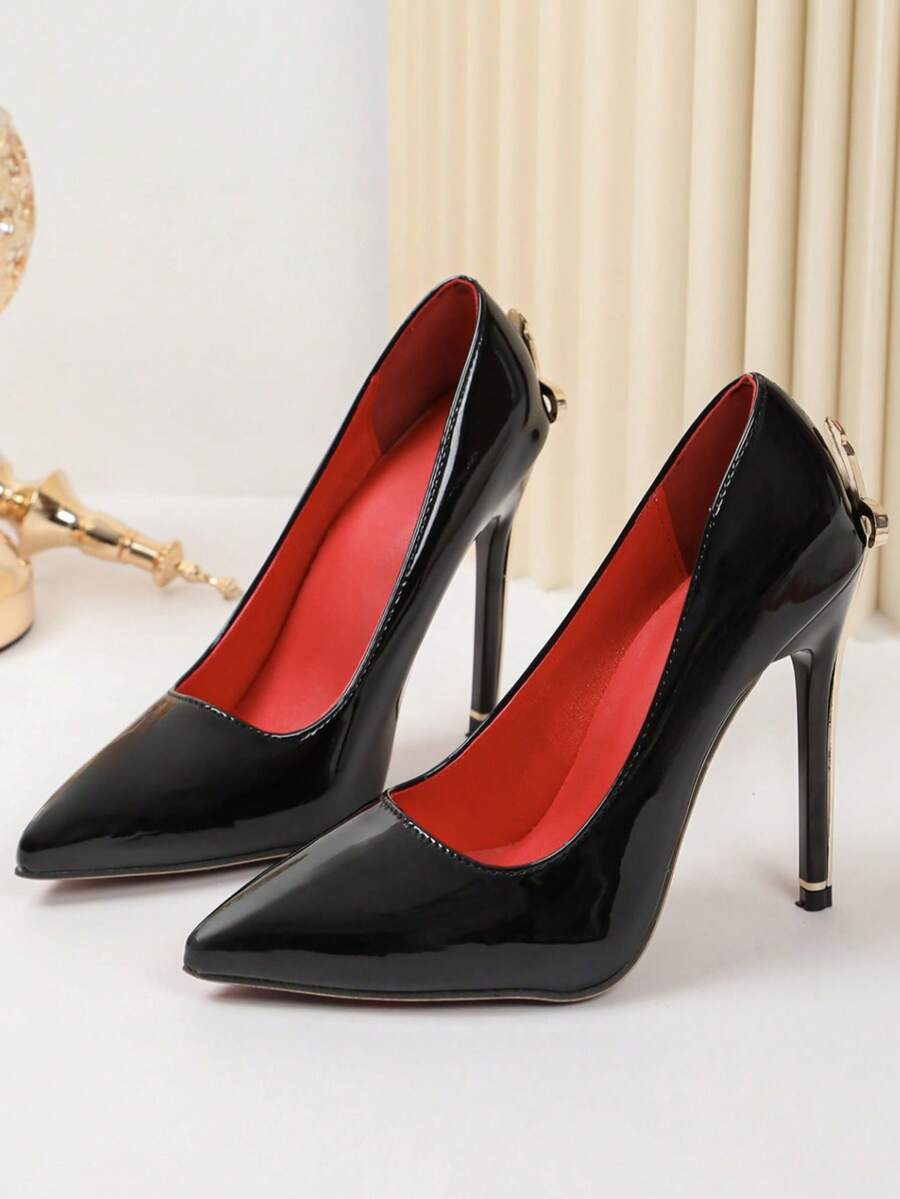 Glossy black pointed toe stiletto high heel pumps with bow detail for women