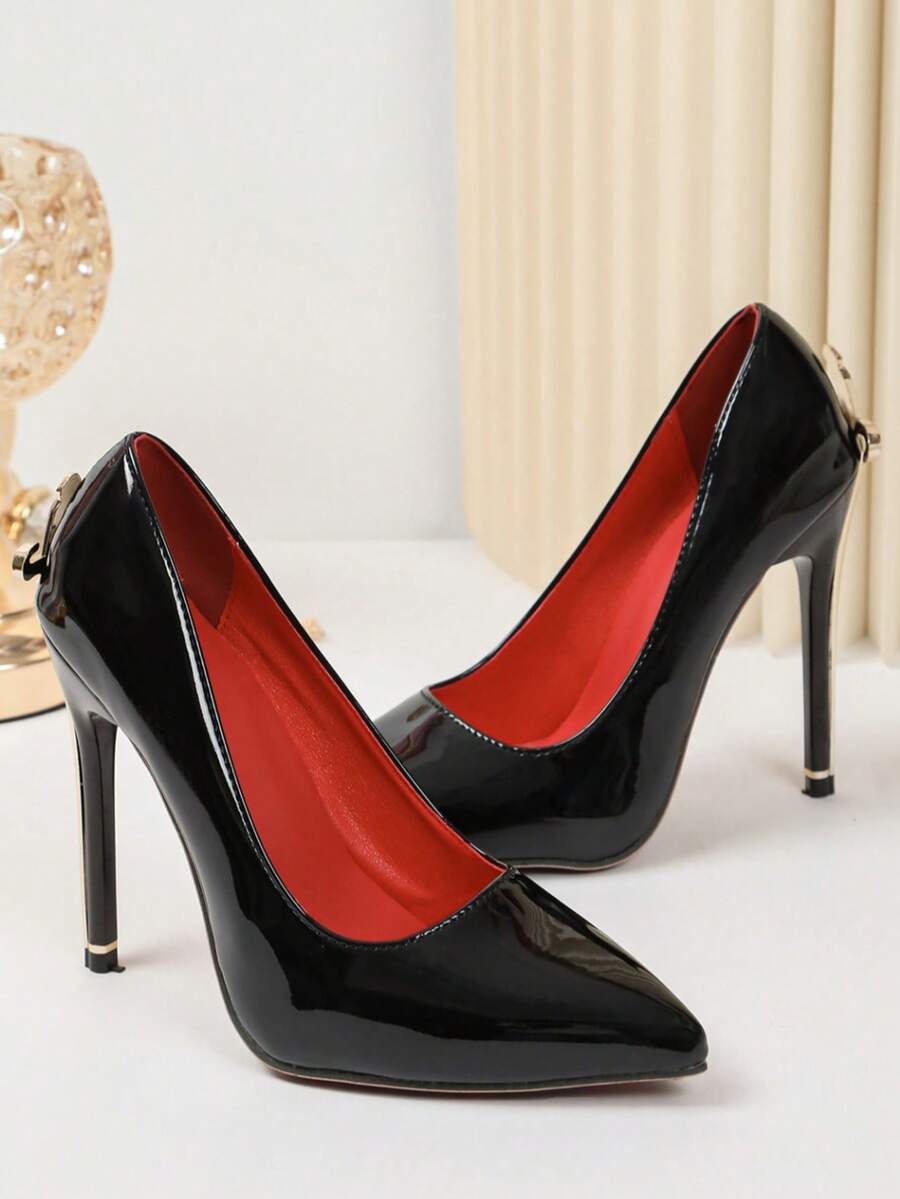 Glossy black pointed toe stiletto high heel pumps with bow detail for women