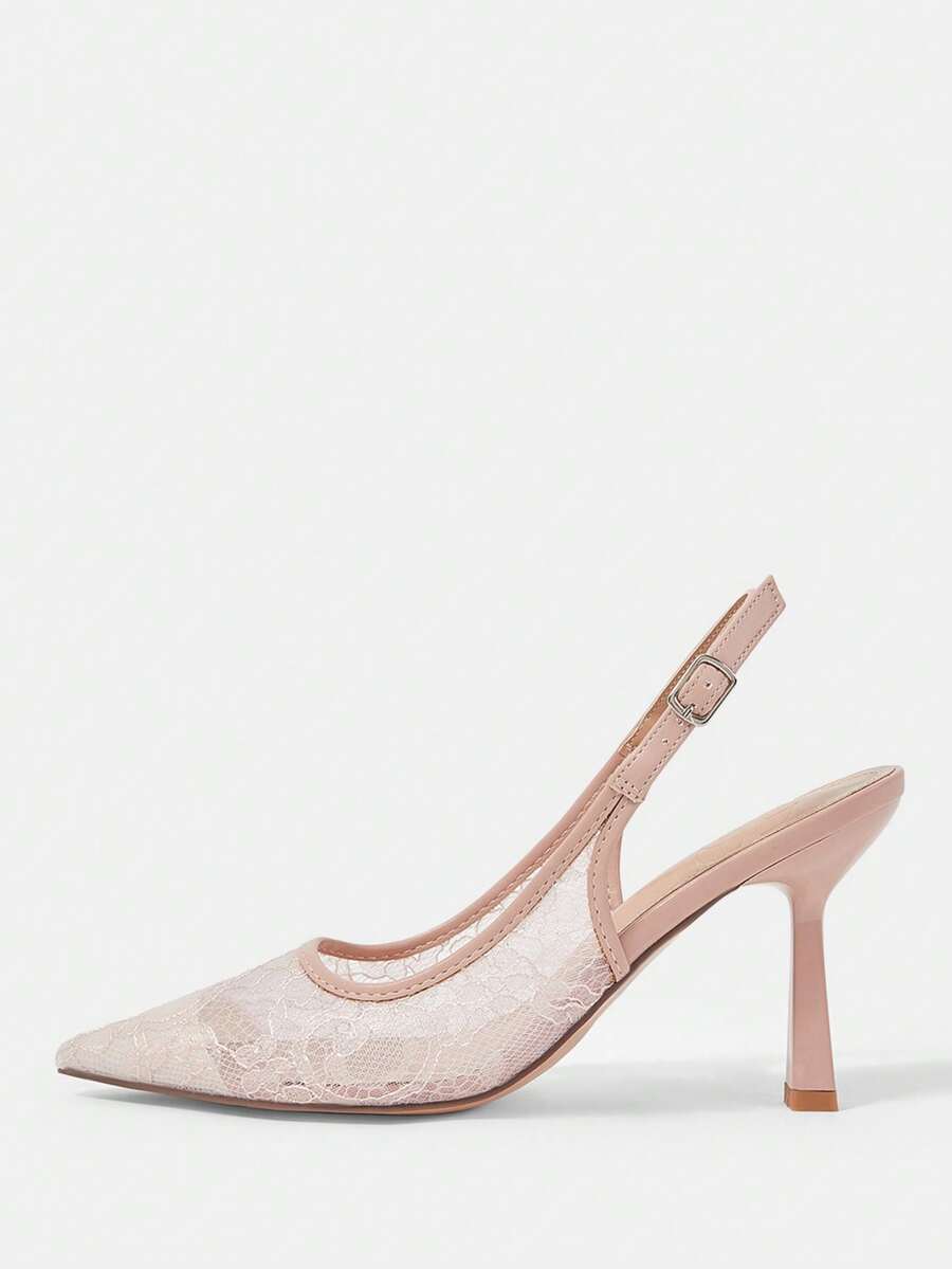 High heel wedding slingback pumps featuring delicate lace mesh upper, pointed toe, buckle strap, and stiletto heel