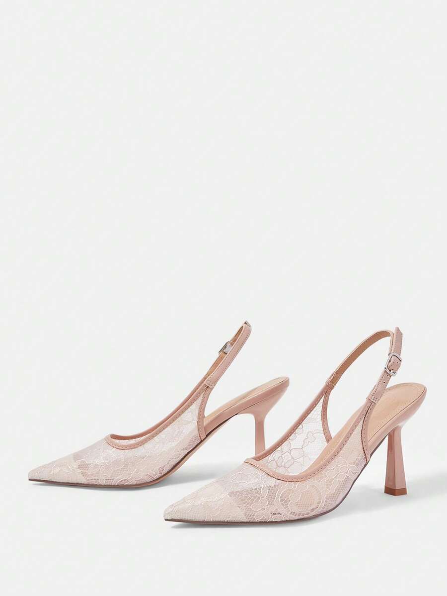 High heel wedding slingback pumps featuring delicate lace mesh upper, pointed toe, buckle strap, and stiletto heel