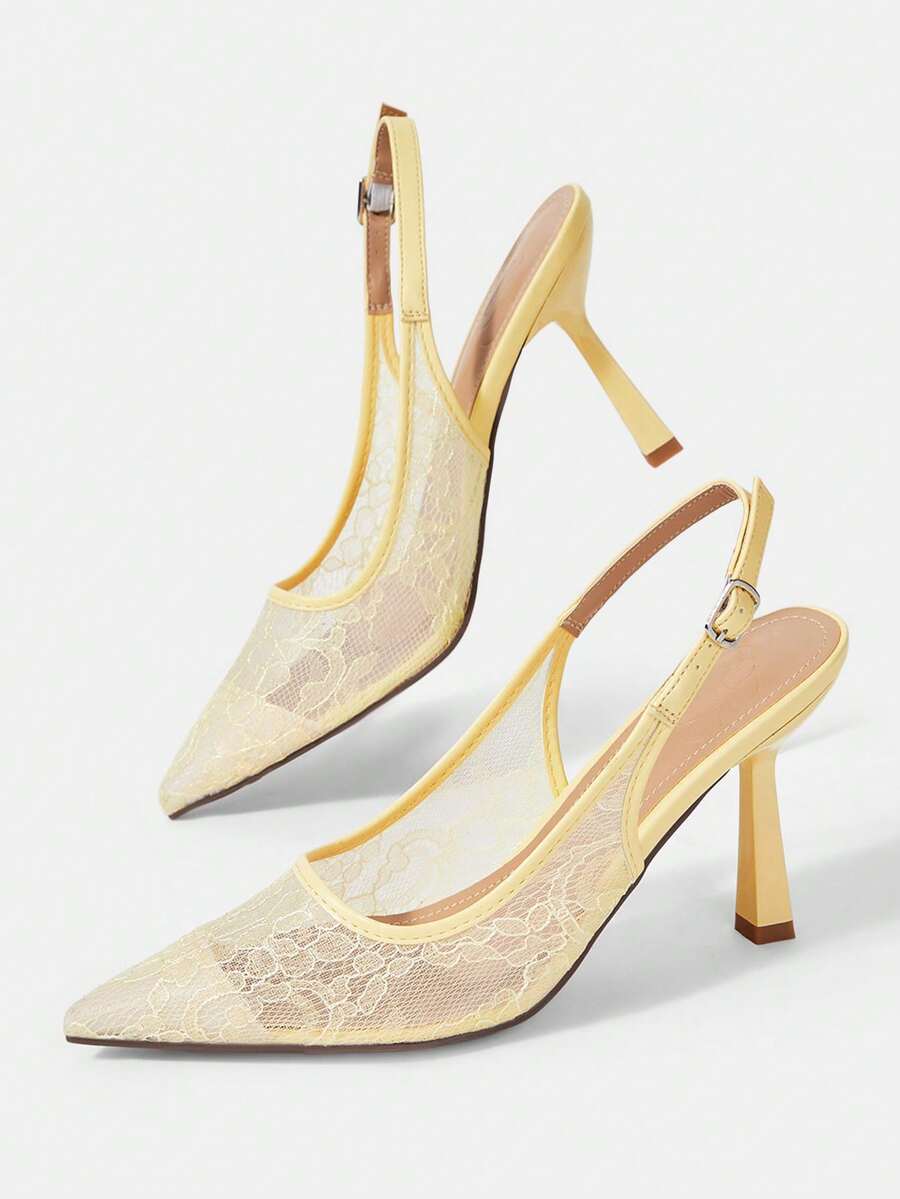High heel wedding slingback pumps featuring delicate lace mesh upper, pointed toe, buckle strap, and stiletto heel