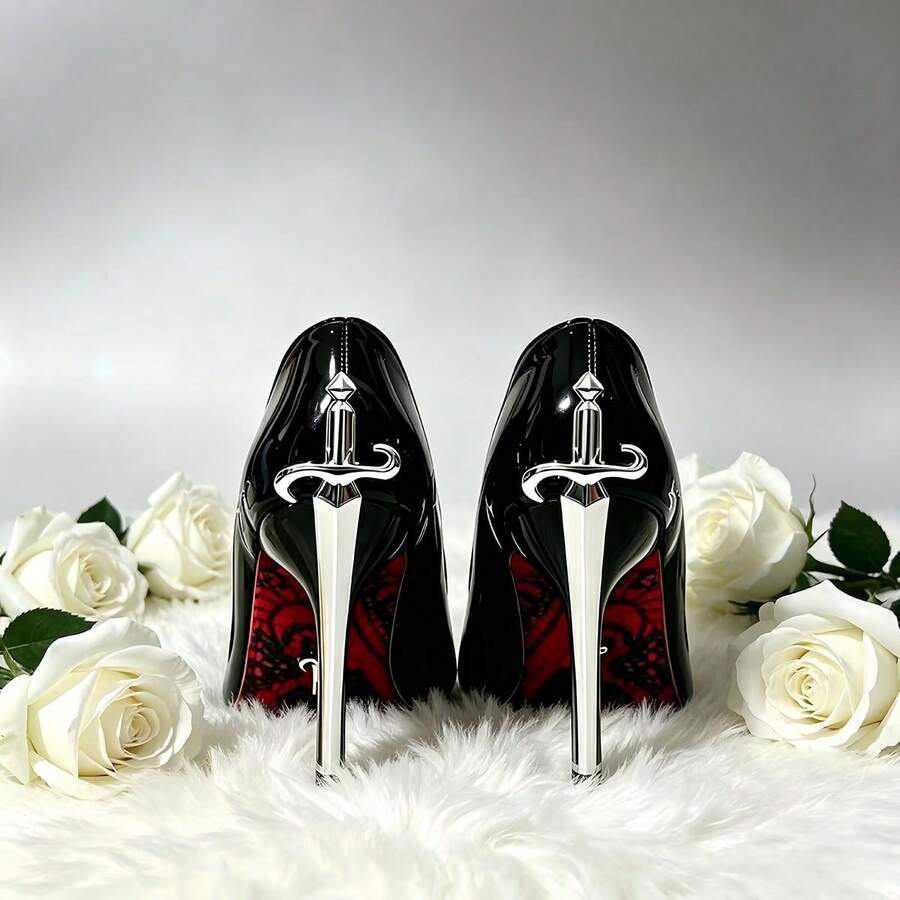 Glossy black pointed toe stiletto high heel pumps with bow detail for women