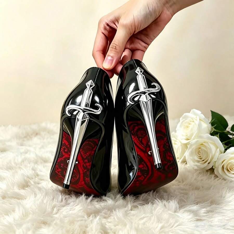 Glossy black pointed toe stiletto high heel pumps with bow detail for women