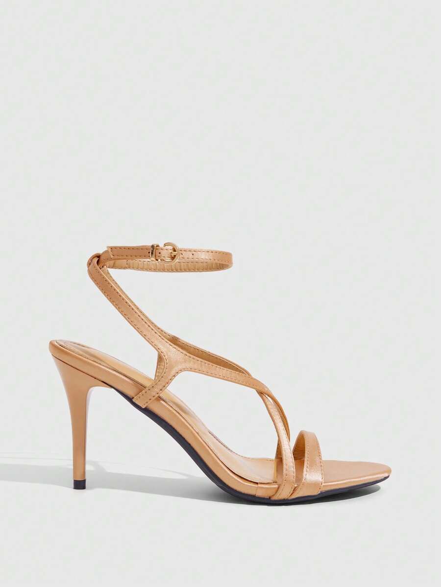 Square toe stiletto high heel sandals in deep burgundy satin featuring criss cross straps and an open toe design.