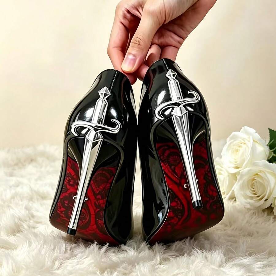Glossy black pointed toe stiletto high heel pumps with bow detail for women