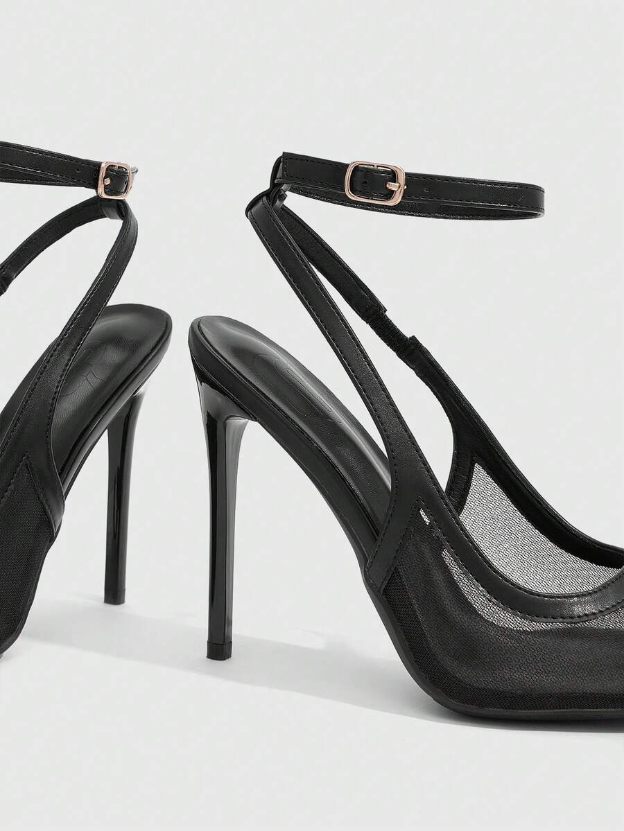 Women's pointed toe high heel shoes featuring breathable mesh detailing, stiletto heel, and adjustable ankle strap with buckle closure.