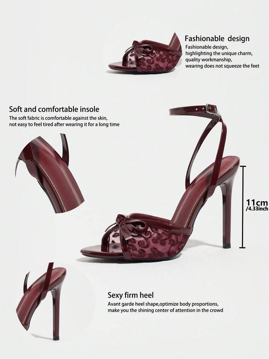 Burgundy open-toe high heels featuring an adjustable ankle strap with buckle closure and high stiletto heel.