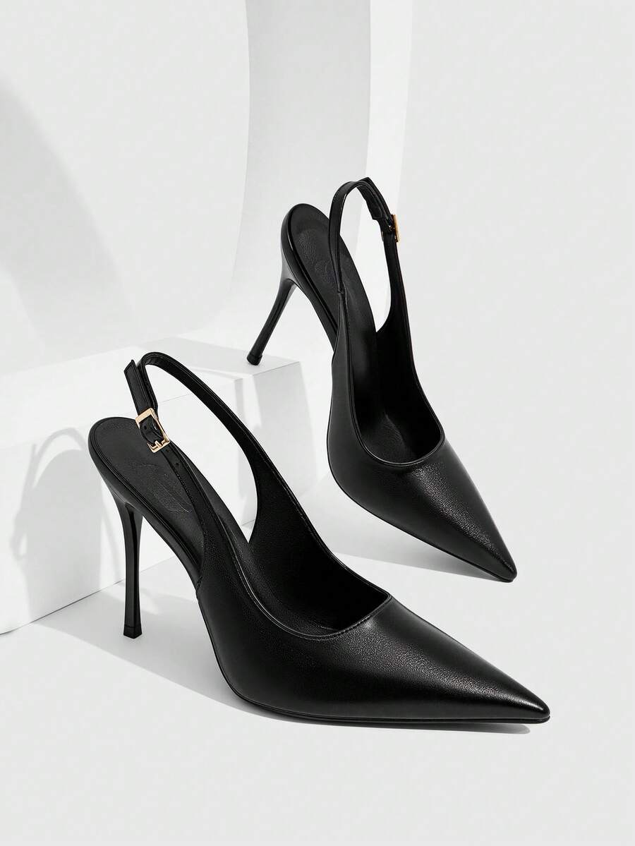 Burgundy pointed toe stiletto high heels with ankle strap buckle detail in patent PU leather
