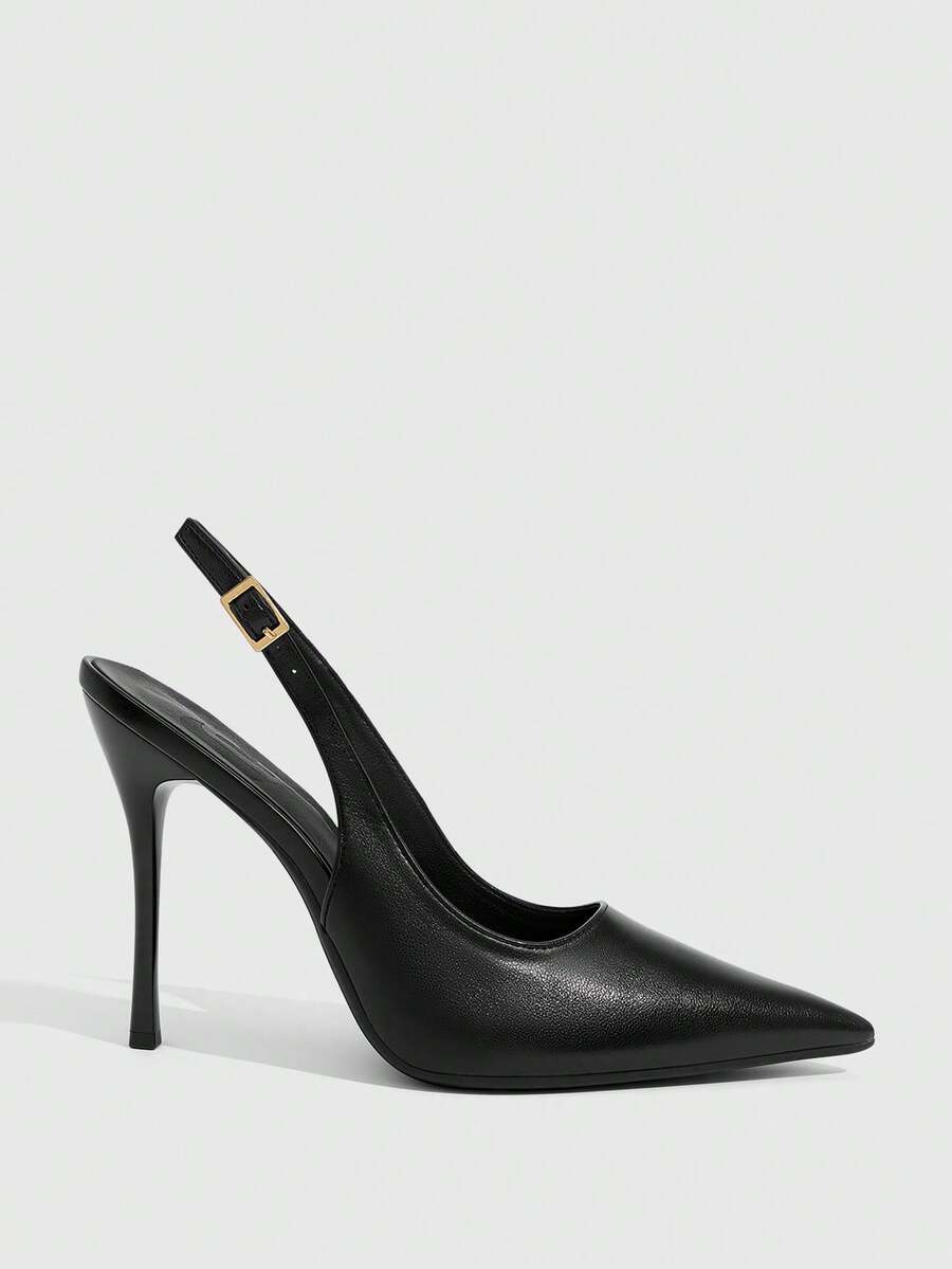 Burgundy pointed toe stiletto high heels with ankle strap buckle detail in patent PU leather