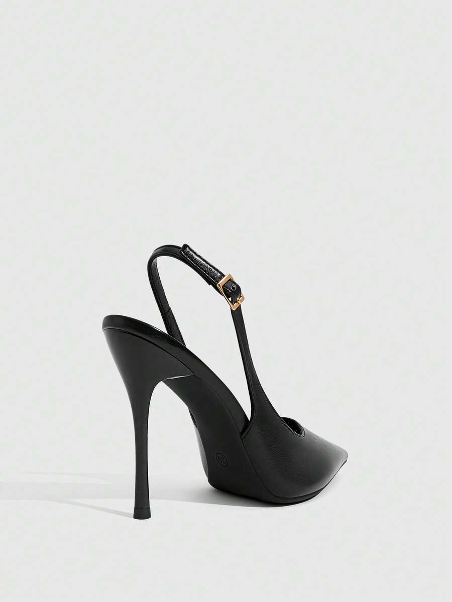 Burgundy pointed toe stiletto high heels with ankle strap buckle detail in patent PU leather