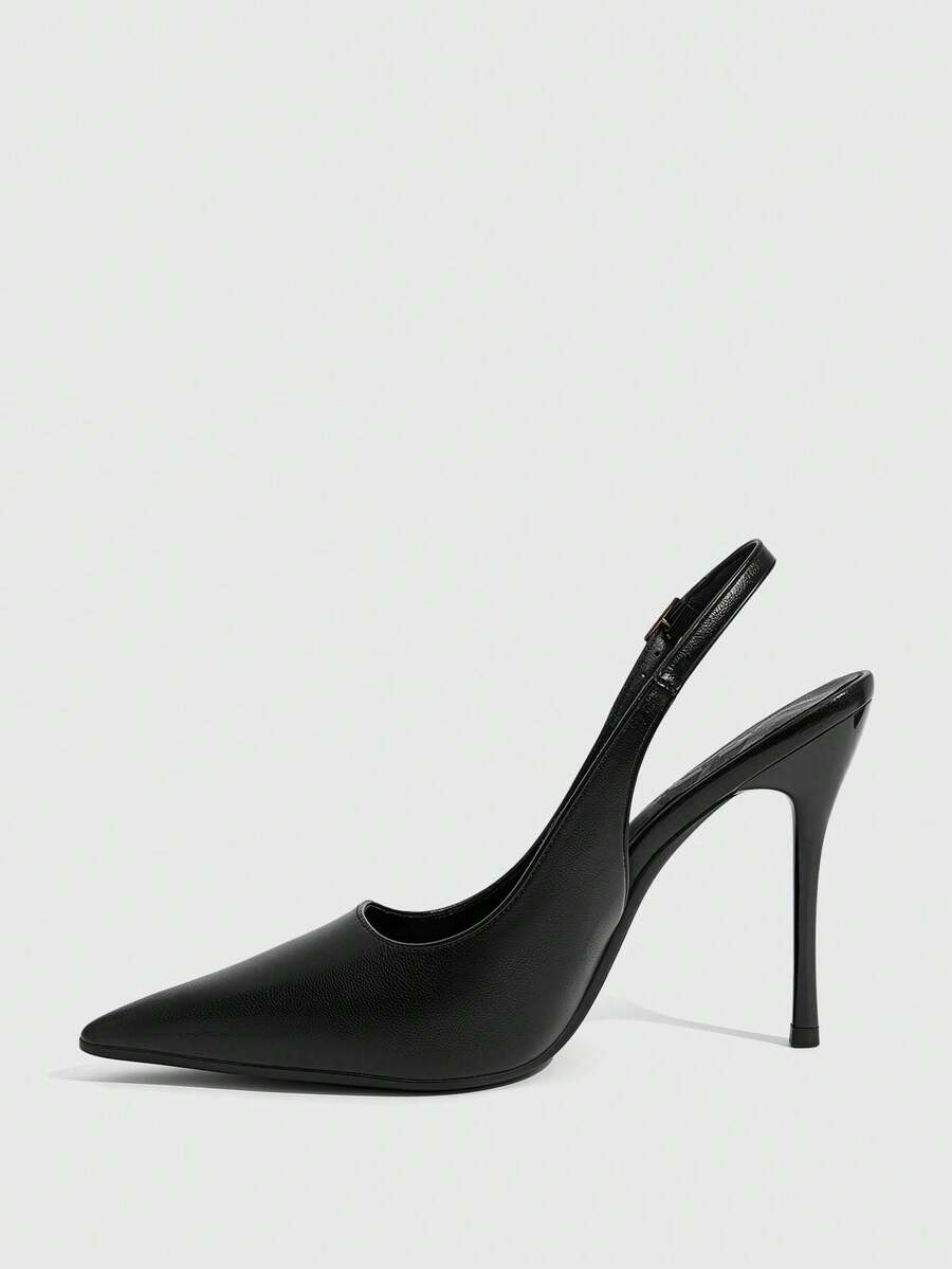 Burgundy pointed toe stiletto high heels with ankle strap buckle detail in patent PU leather