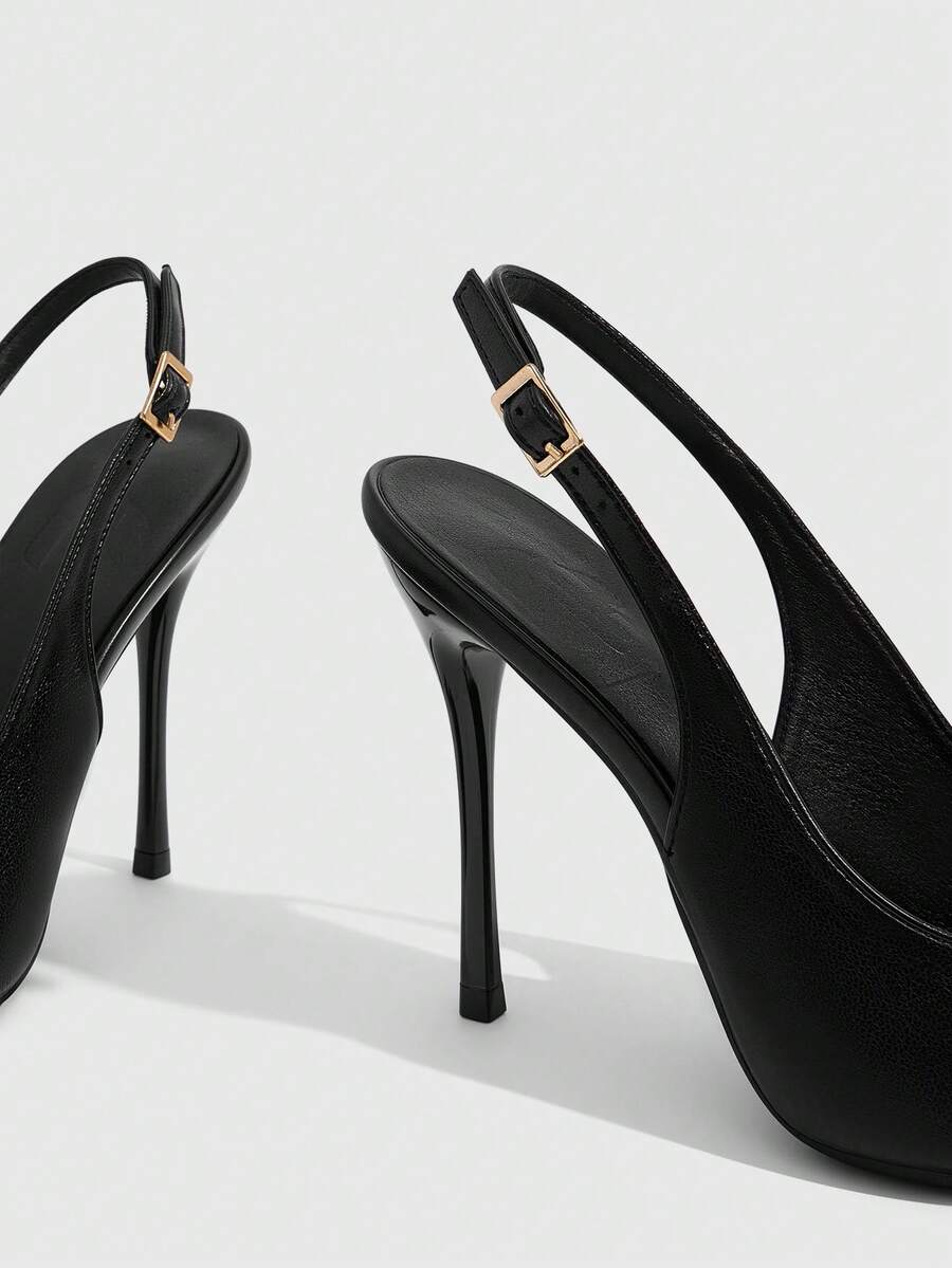 Burgundy pointed toe stiletto high heels with ankle strap buckle detail in patent PU leather