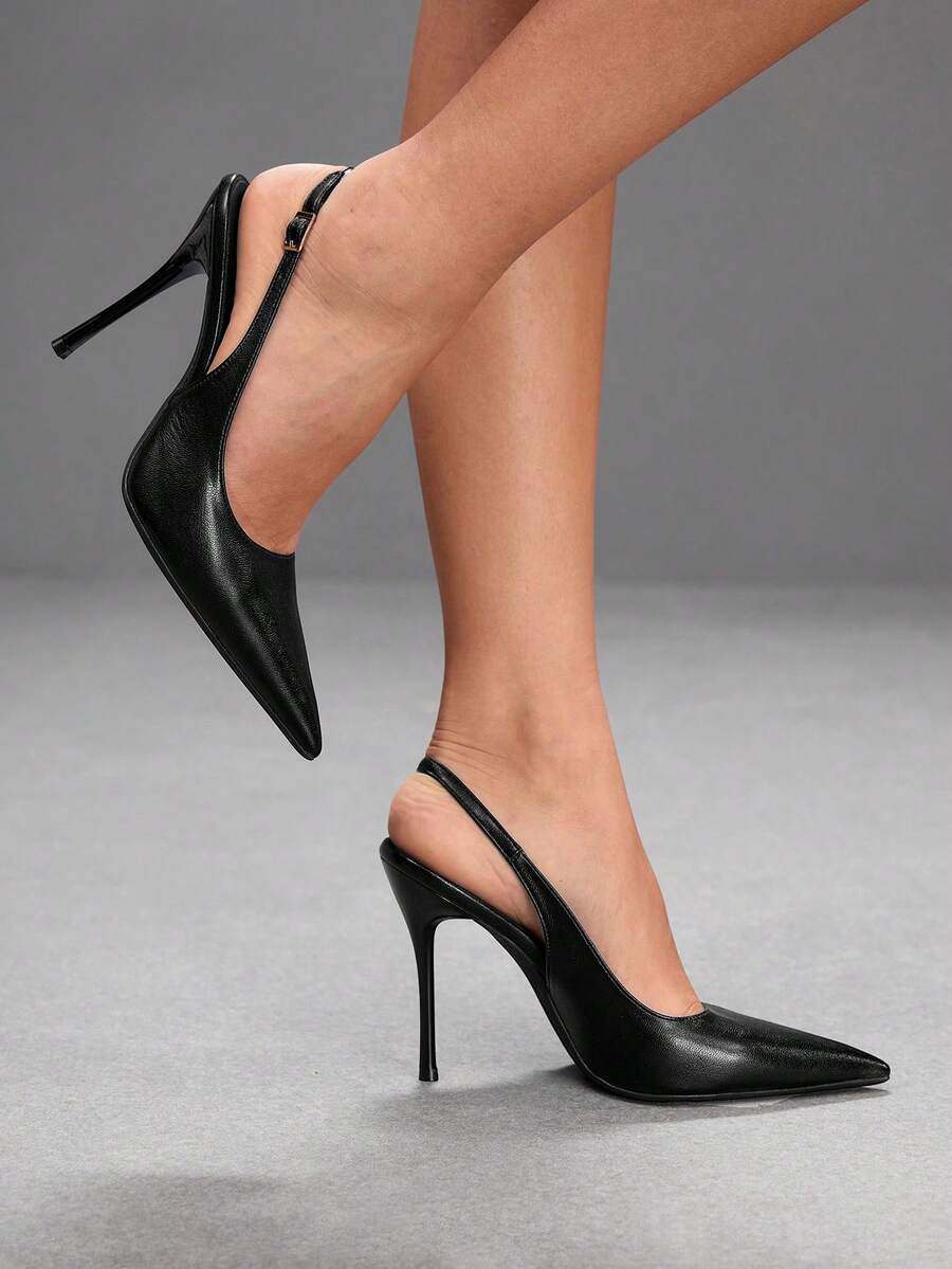 Burgundy pointed toe stiletto high heels with ankle strap buckle detail in patent PU leather