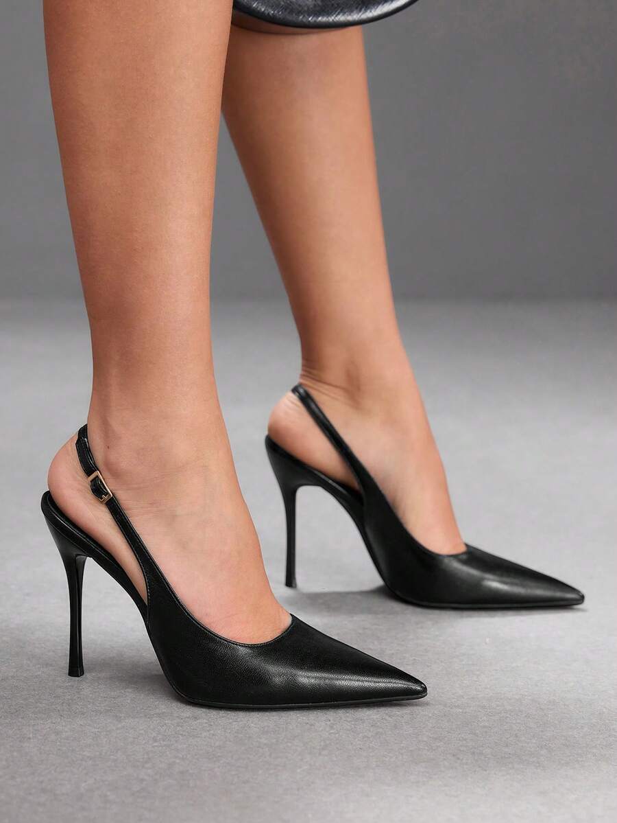 Burgundy pointed toe stiletto high heels with ankle strap buckle detail in patent PU leather