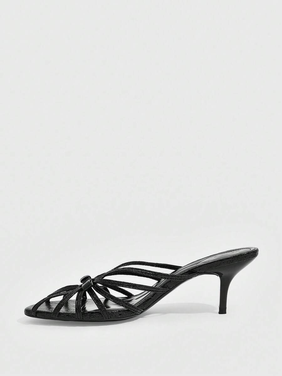 Women's brown flannel pointed open-toe heeled sandals featuring a slip-on mule design with high stiletto heels.