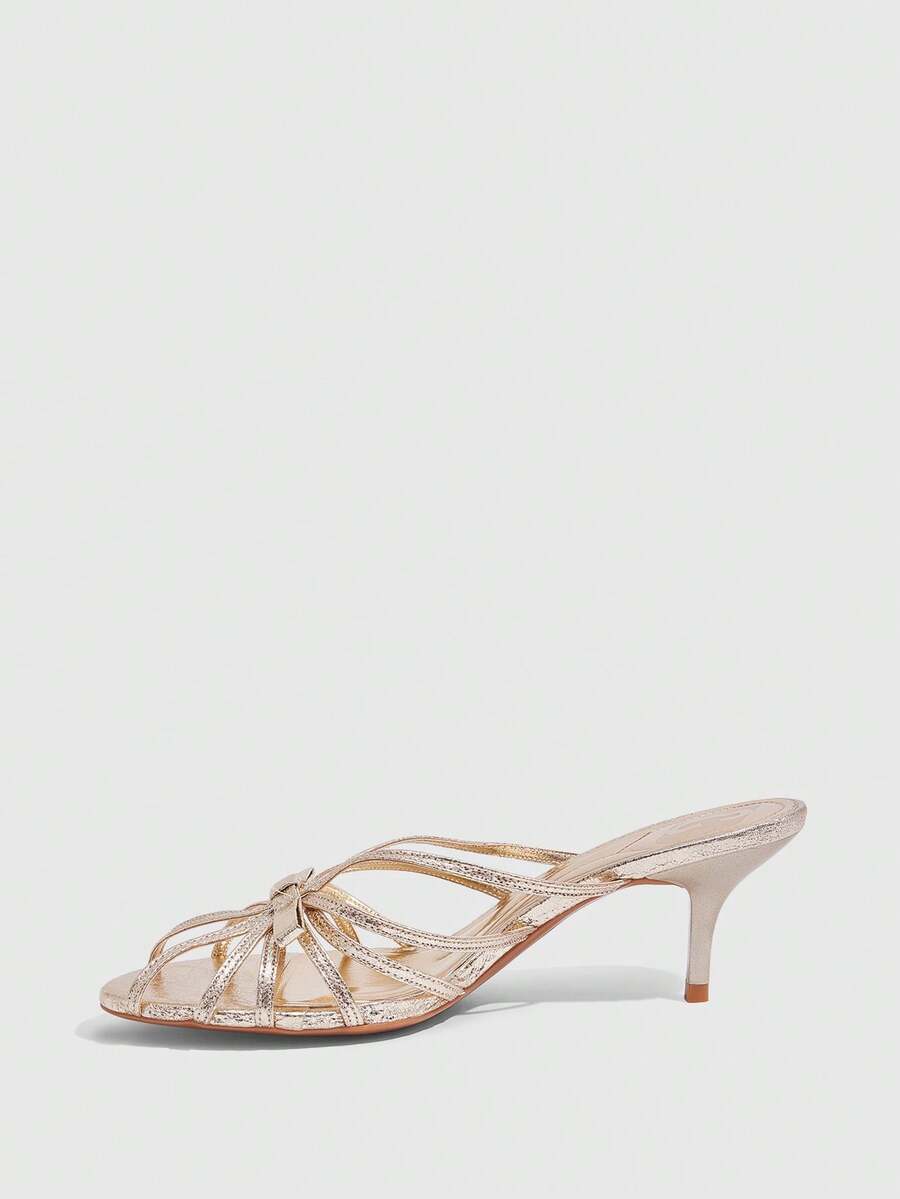 Women's brown flannel pointed open-toe heeled sandals featuring a slip-on mule design with high stiletto heels.