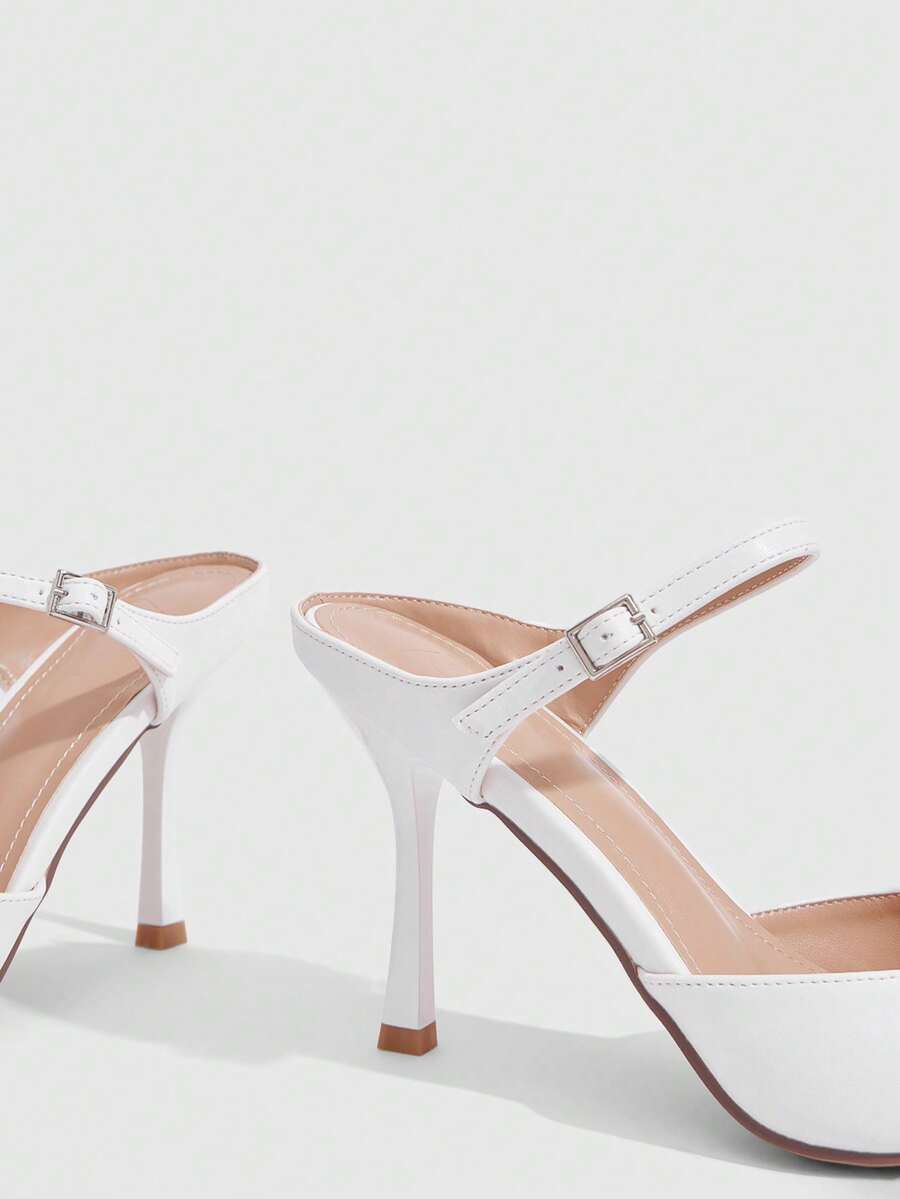 Burgundy pointed toe stiletto high heels with ankle strap buckle detail in patent PU leather