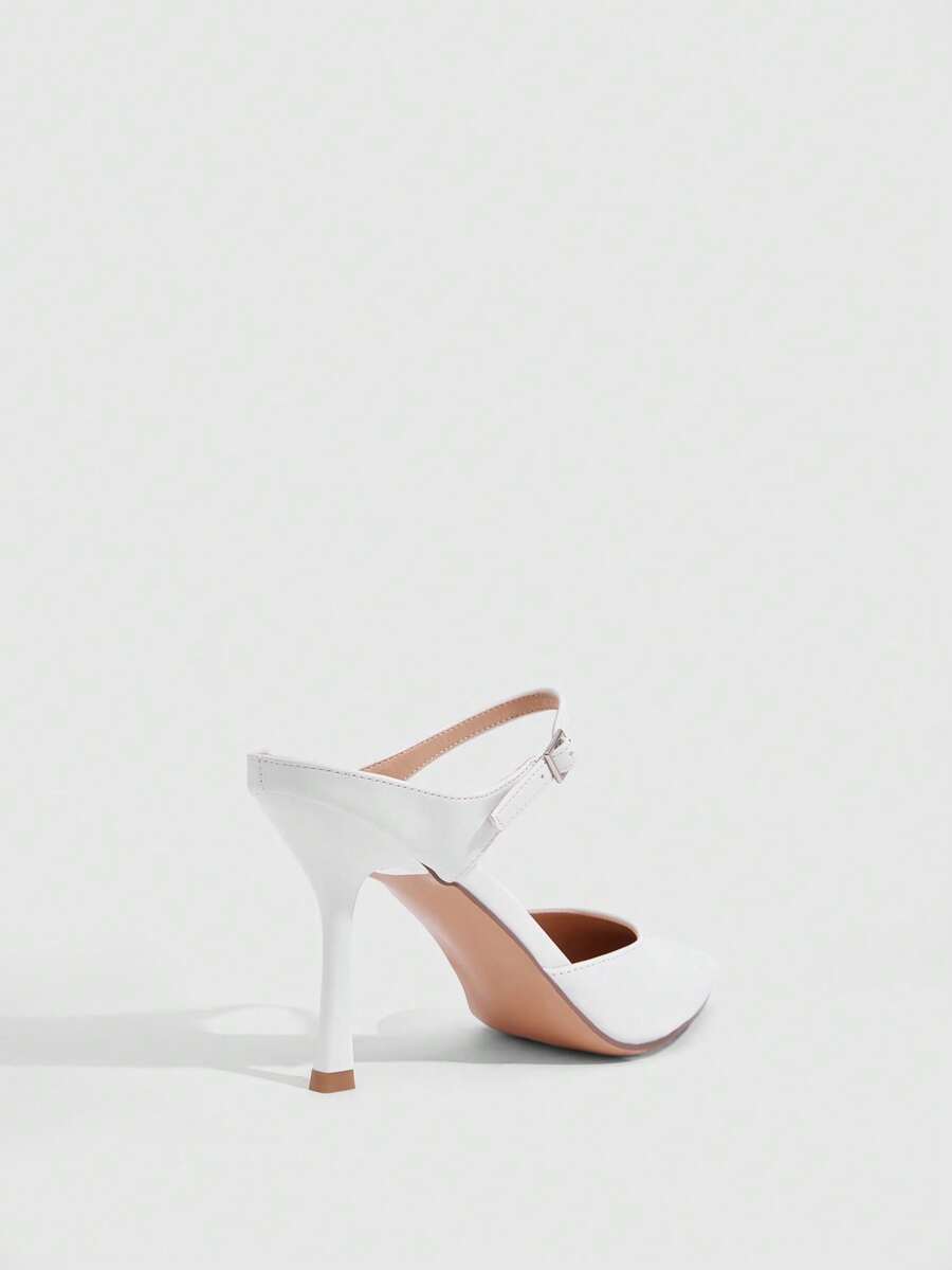 Burgundy pointed toe stiletto high heels with ankle strap buckle detail in patent PU leather