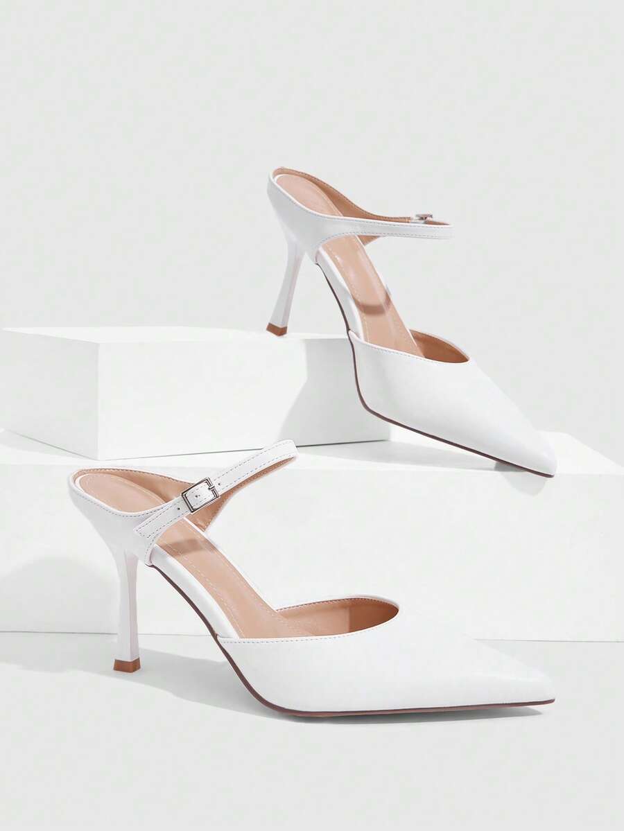 Burgundy pointed toe stiletto high heels with ankle strap buckle detail in patent PU leather