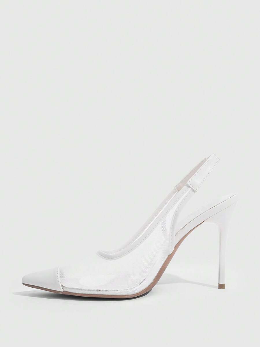 Women's pointed toe high heel shoes featuring breathable mesh detailing, stiletto heel, and adjustable ankle strap with buckle closure.
