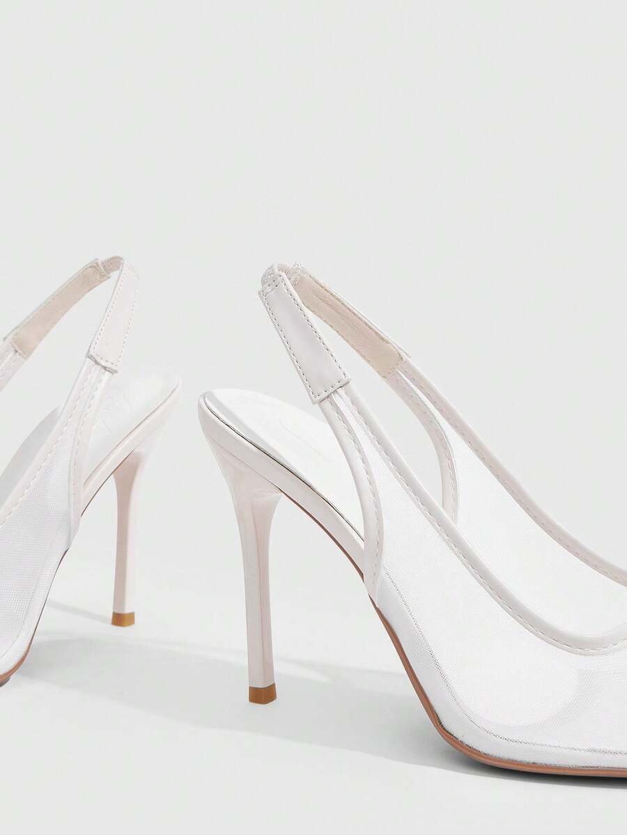 Women's pointed toe high heel shoes featuring breathable mesh detailing, stiletto heel, and adjustable ankle strap with buckle closure.
