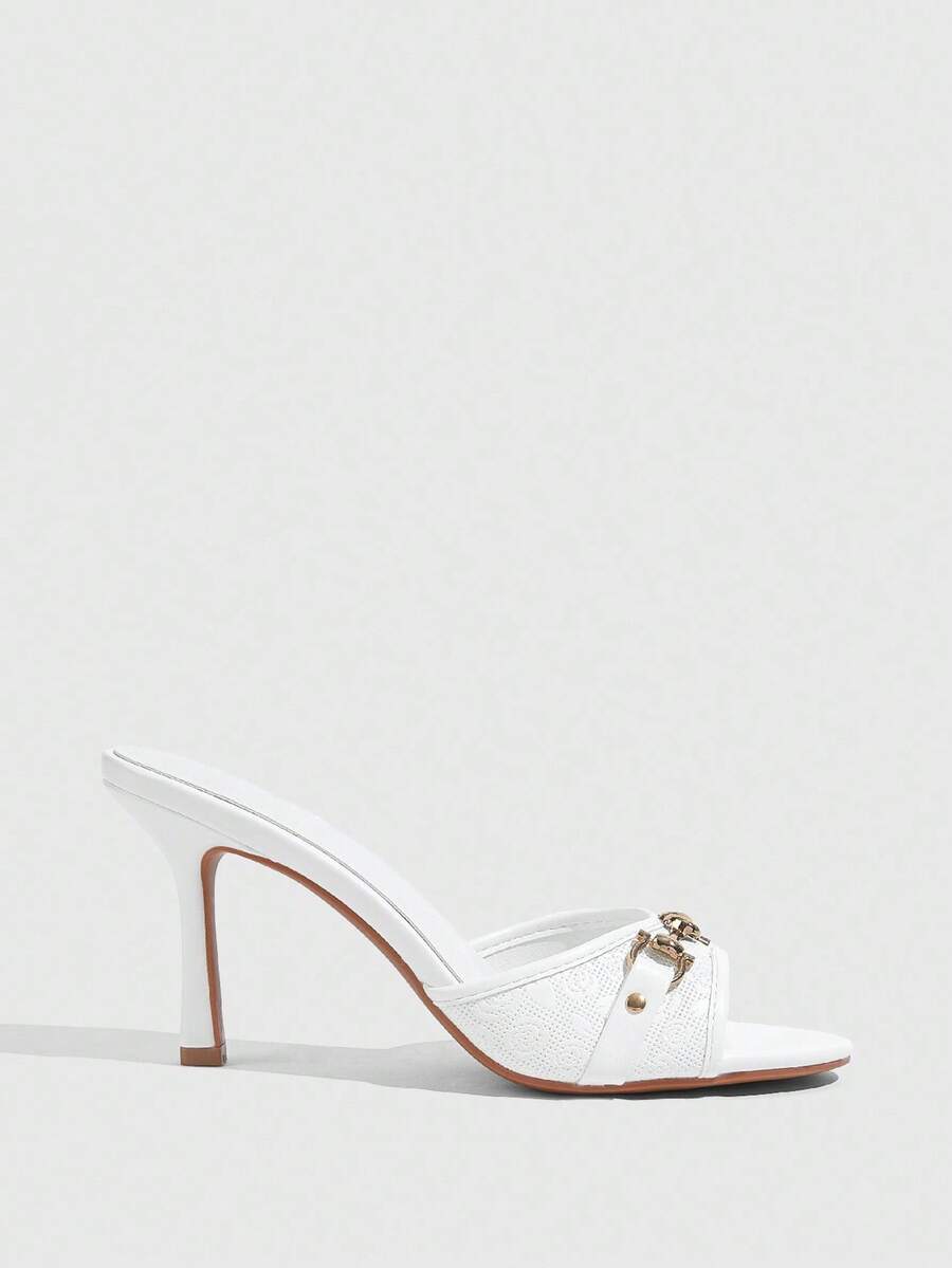 Women's beige high heel mule sandals with open round toe and metal chain detail