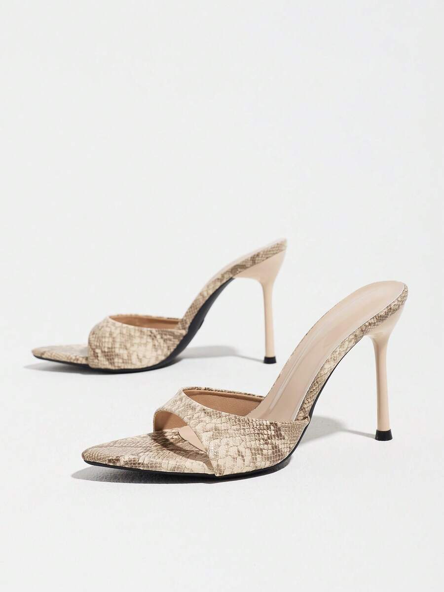 Women's elegant open toe high heel party mules featuring sleek stiletto heels and a slip-on design.