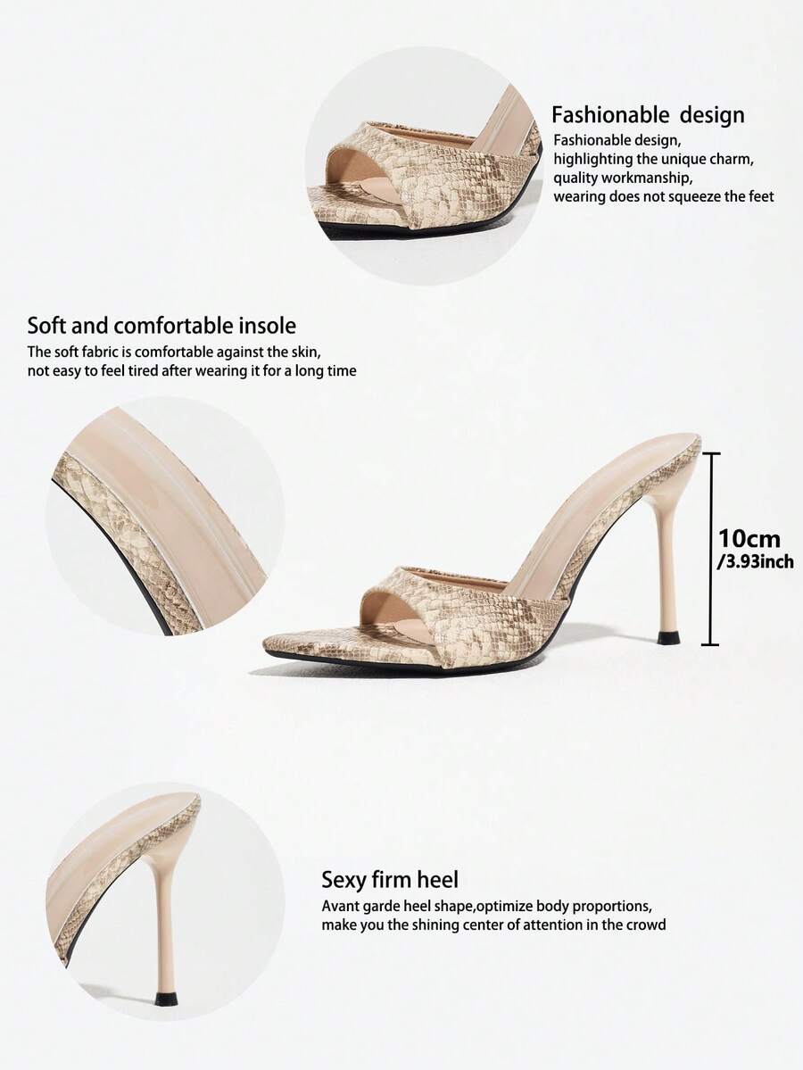 Women's elegant open toe high heel party mules featuring sleek stiletto heels and a slip-on design.