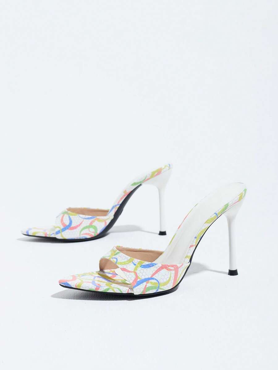 Women's elegant open toe high heel party mules featuring sleek stiletto heels and a slip-on design.
