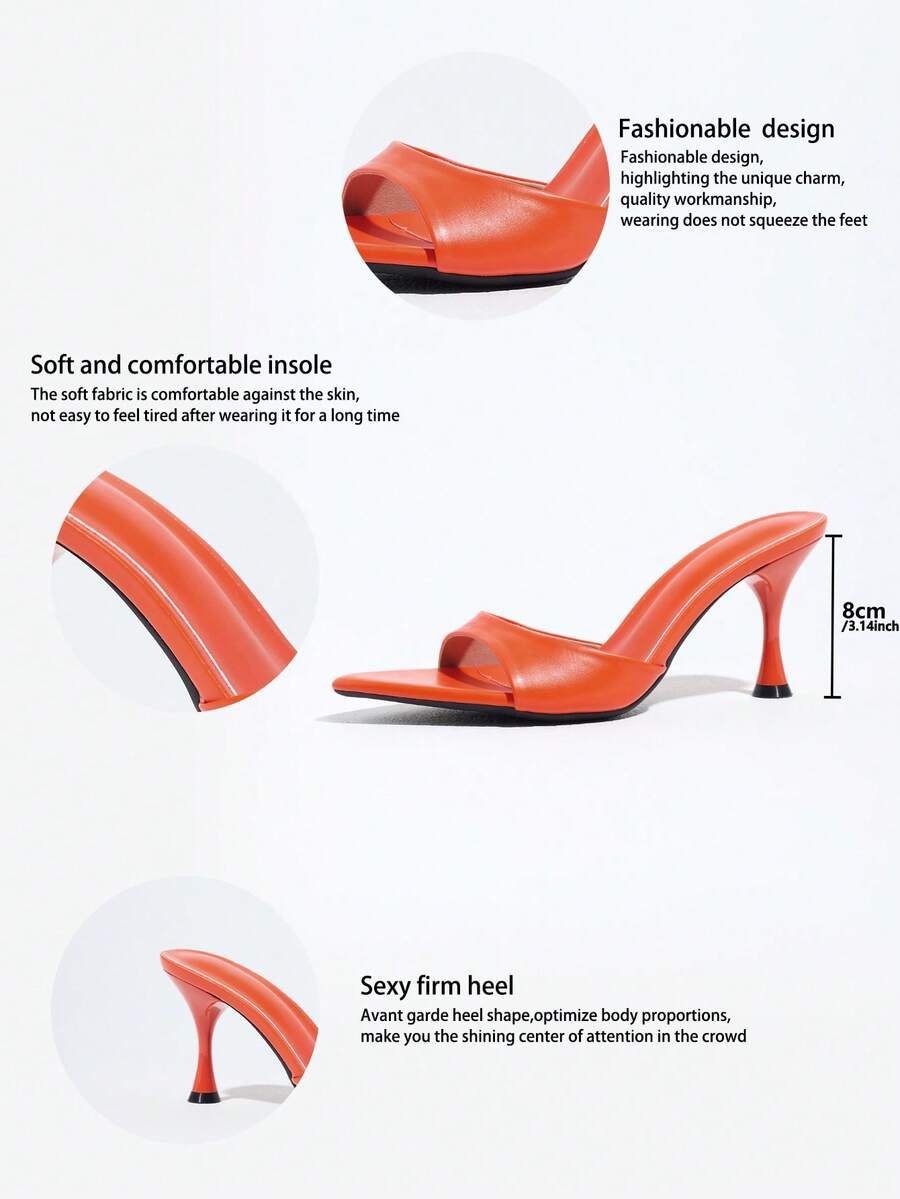 Women's open pointed toe stiletto mule high heel sandals featuring a glossy slip-on design.