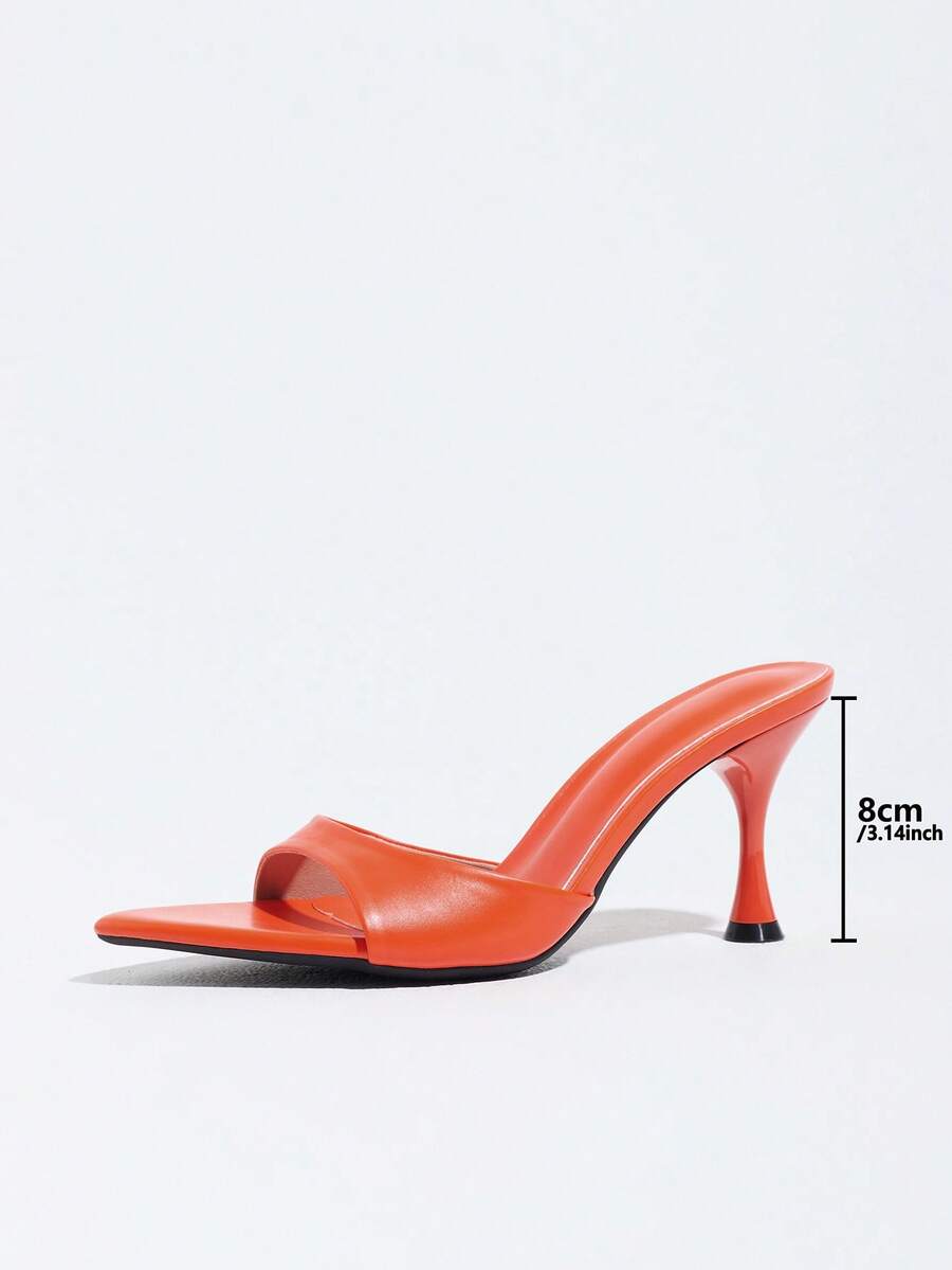 Women's open pointed toe stiletto mule high heel sandals featuring a glossy slip-on design.
