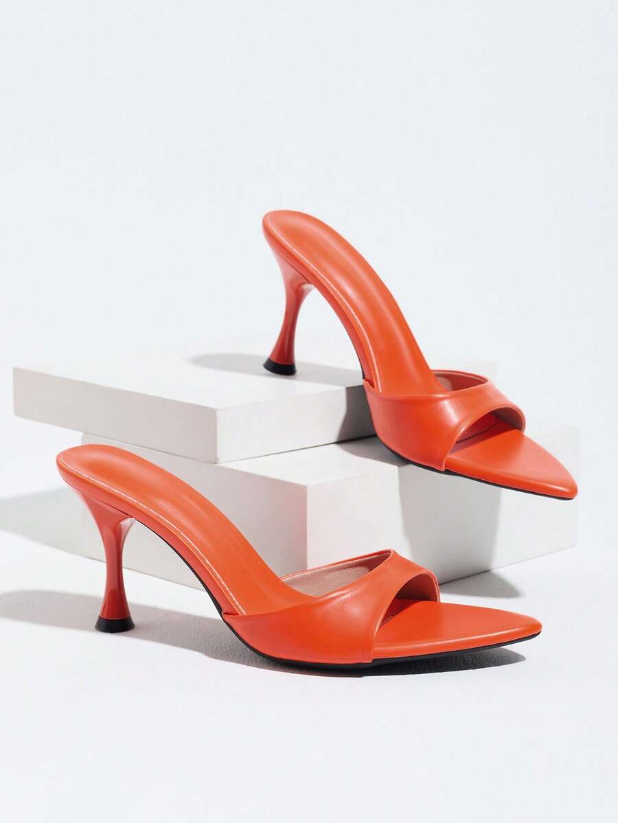 Women's open pointed toe stiletto mule high heel sandals featuring a glossy slip-on design.