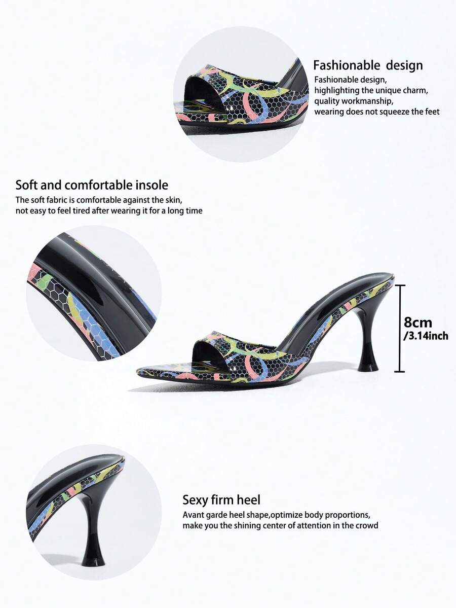 Women's open pointed toe stiletto mule high heel sandals featuring a glossy slip-on design.