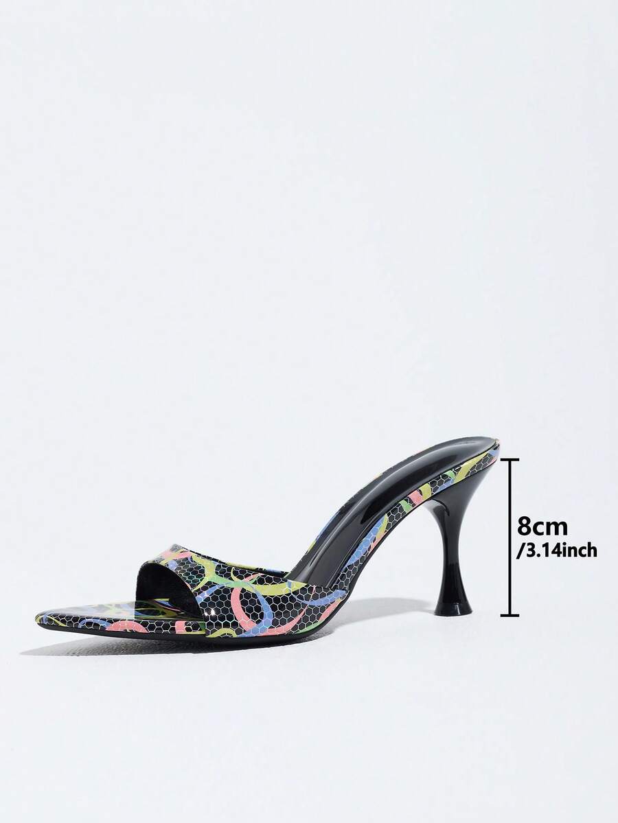 Women's open pointed toe stiletto mule high heel sandals featuring a glossy slip-on design.