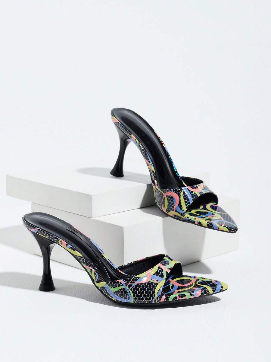 Women's open pointed toe stiletto mule high heel sandals featuring a glossy slip-on design.