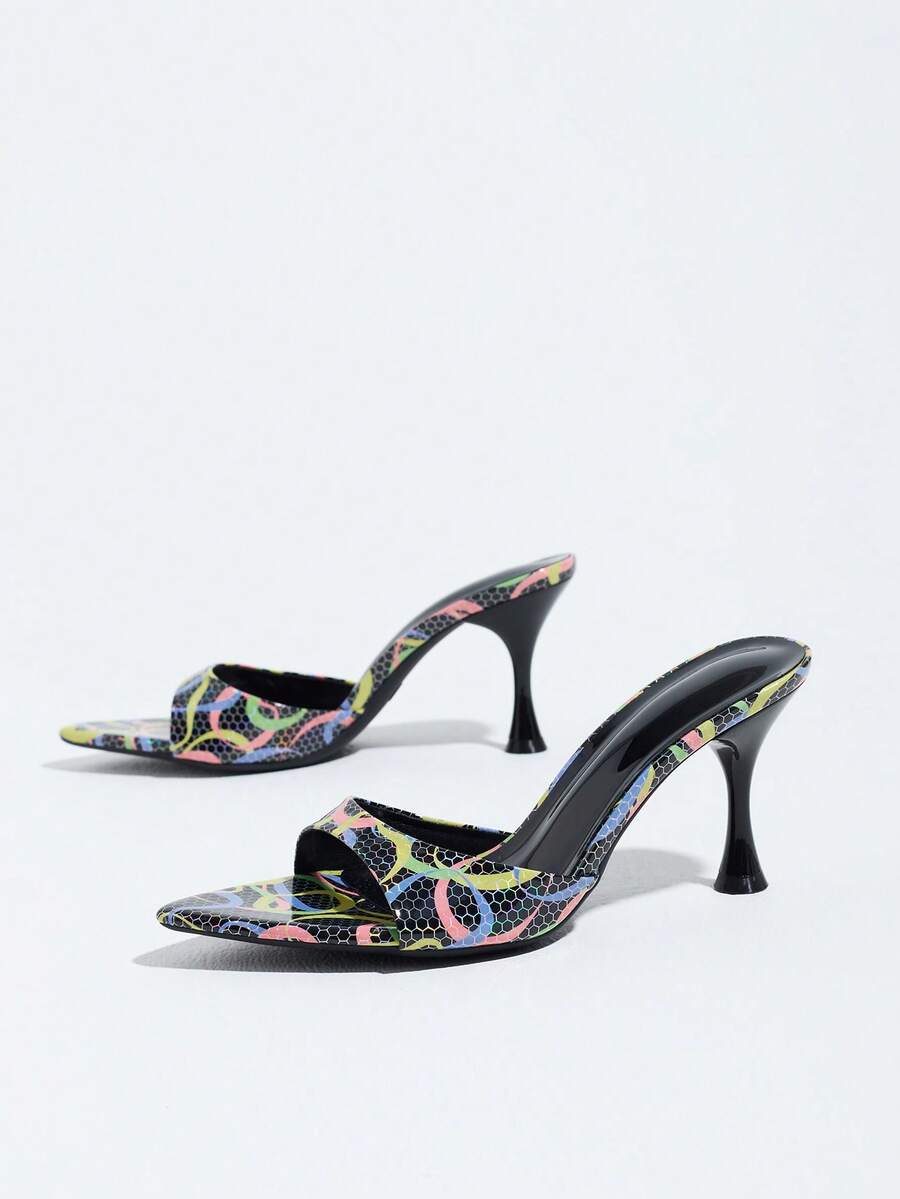 Women's open pointed toe stiletto mule high heel sandals featuring a glossy slip-on design.
