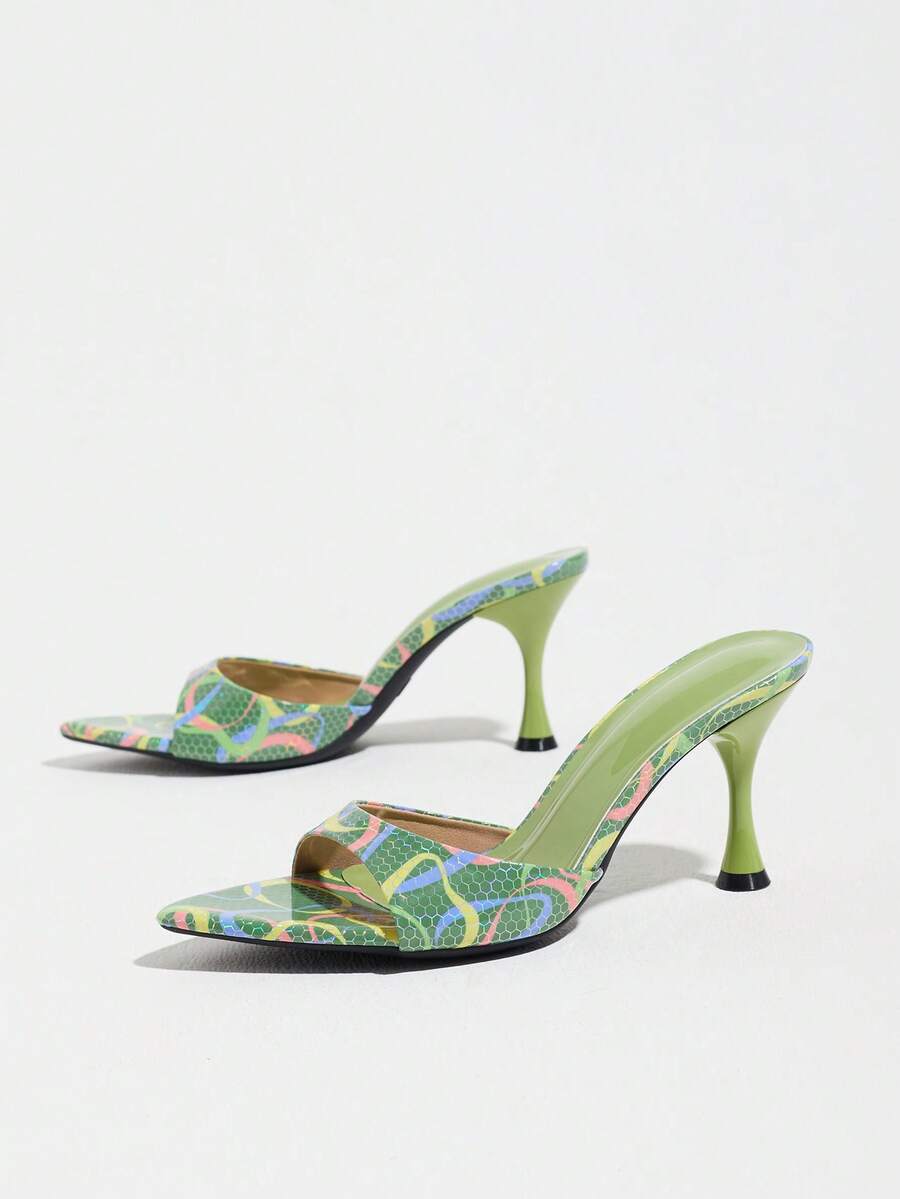 Women's open pointed toe stiletto mule high heel sandals featuring a glossy slip-on design.