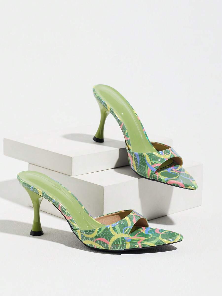 Women's open pointed toe stiletto mule high heel sandals featuring a glossy slip-on design.