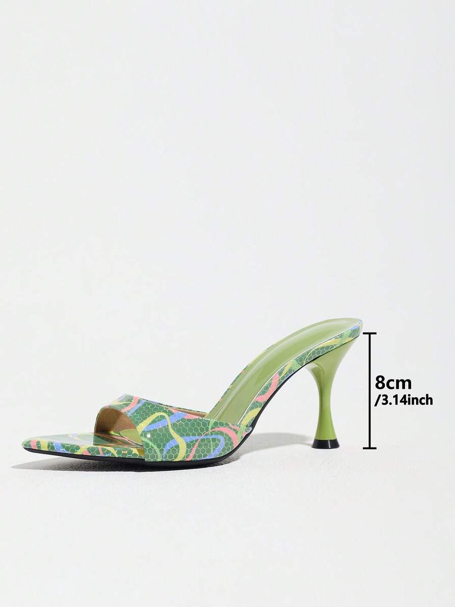 Women's open pointed toe stiletto mule high heel sandals featuring a glossy slip-on design.