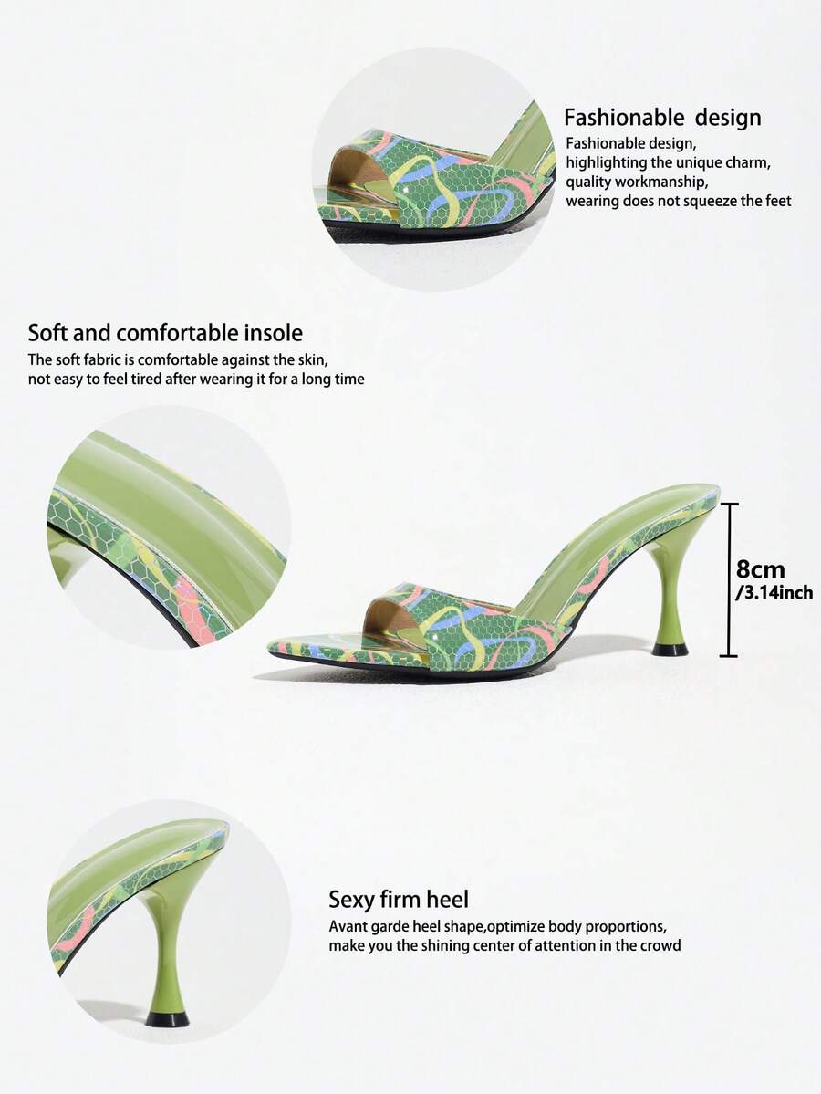 Women's open pointed toe stiletto mule high heel sandals featuring a glossy slip-on design.