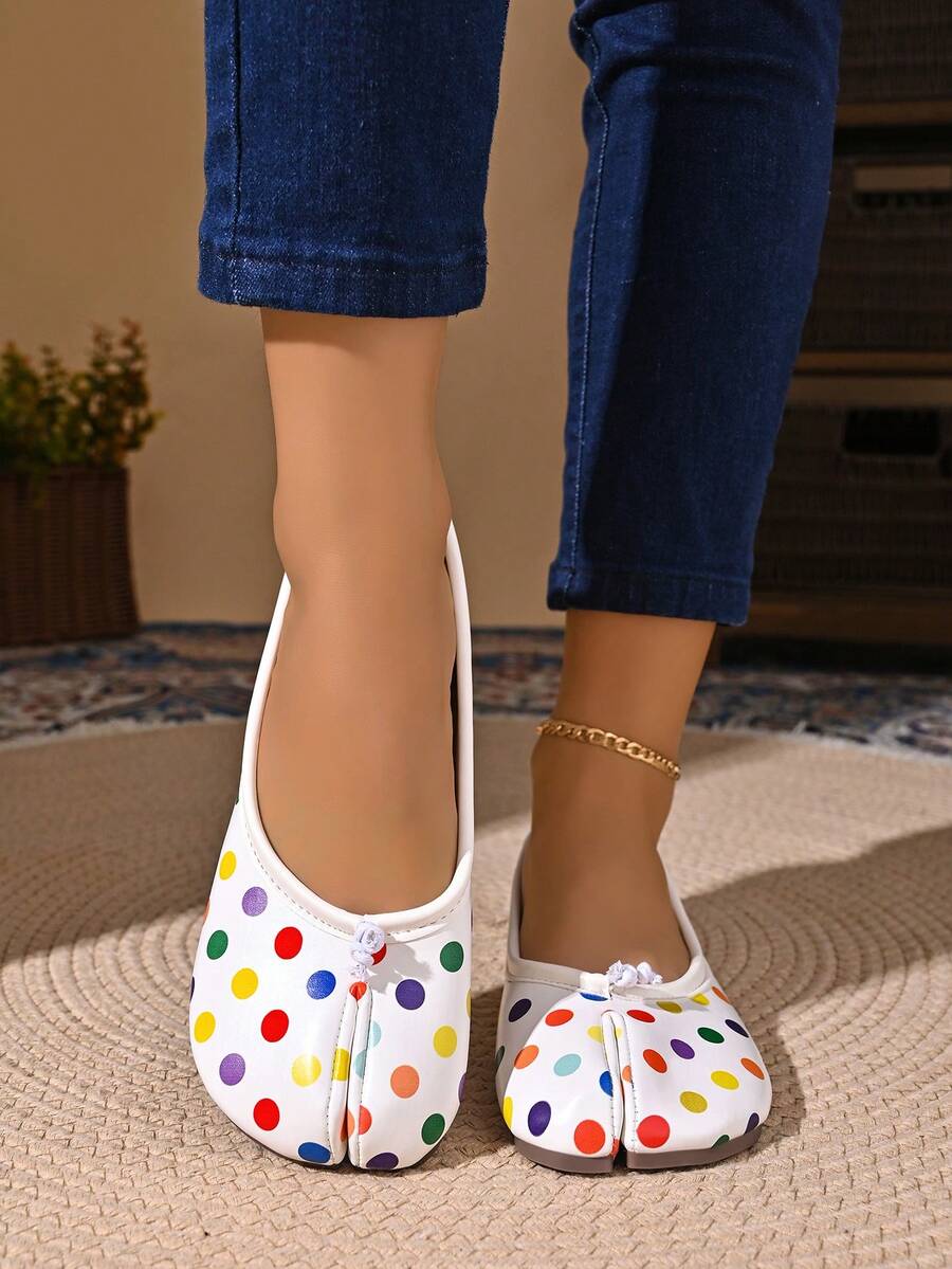 Women's white split-toe slip-on flat shoes with braided accent and rubber sole